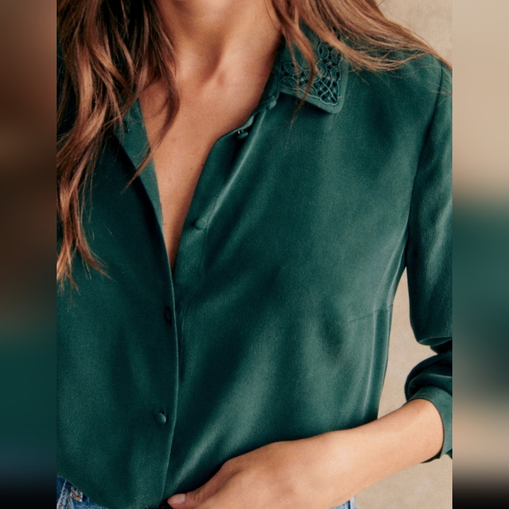 Sezane Vito Silk Shirt Bottle Green - Size 10, VGUC